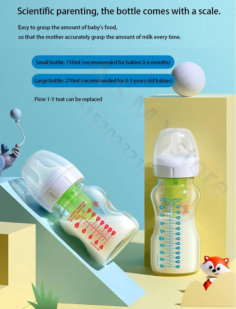 Dr. Brown's newborn glass baby bottle, wide diameter, anti-colic, gas-liquid separation 150ML + 270ML combination set