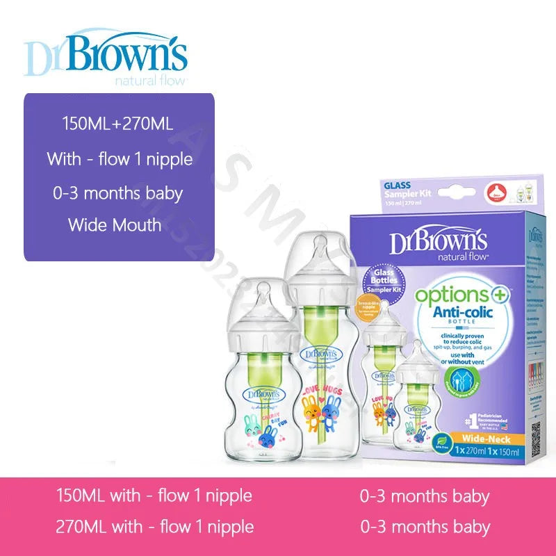 Dr. Brown's newborn glass baby bottle, wide diameter, anti-colic, gas-liquid separation 150ML + 270ML combination set
