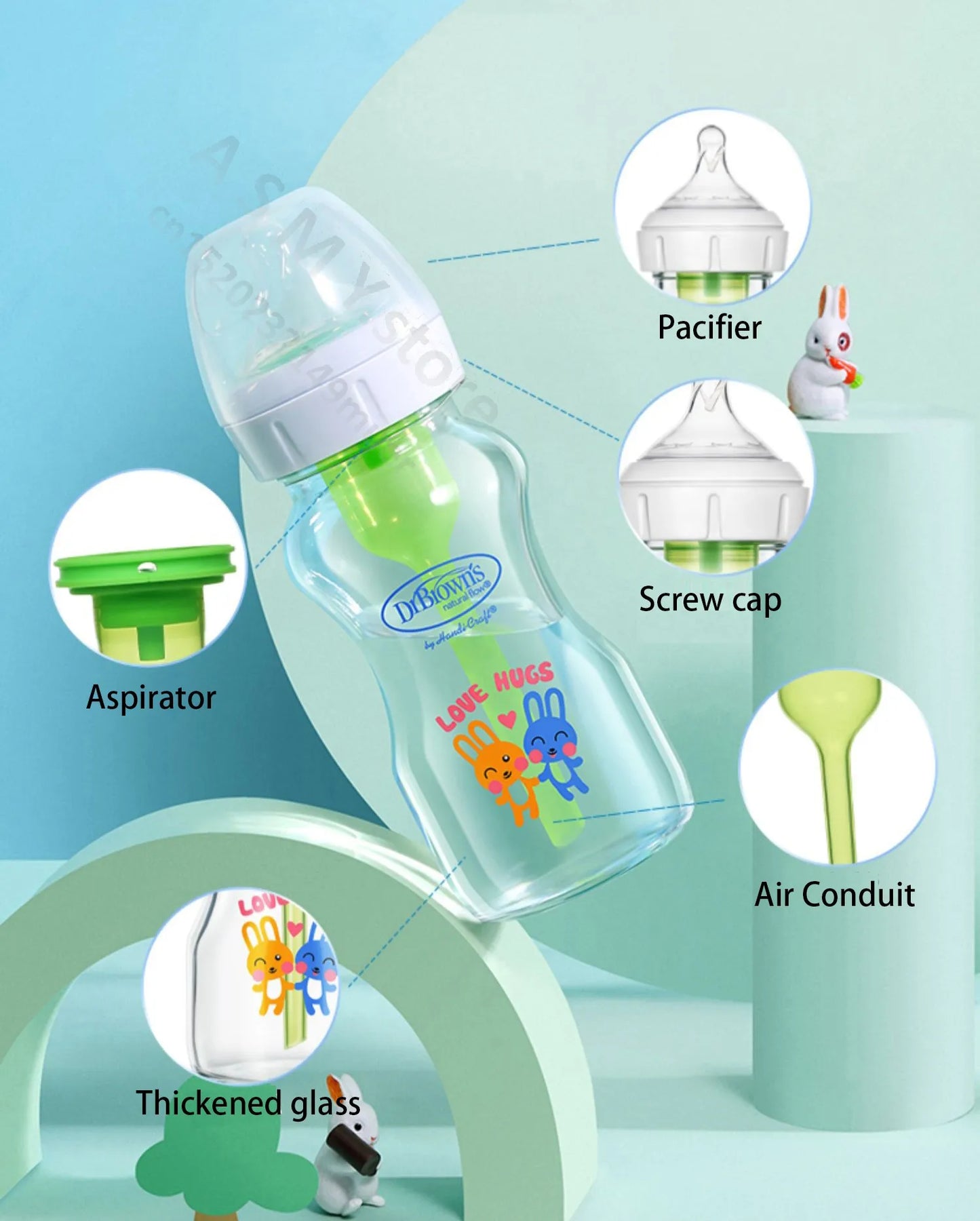 Dr. Brown's newborn glass baby bottle, wide diameter, anti-colic, gas-liquid separation 150ML + 270ML combination set