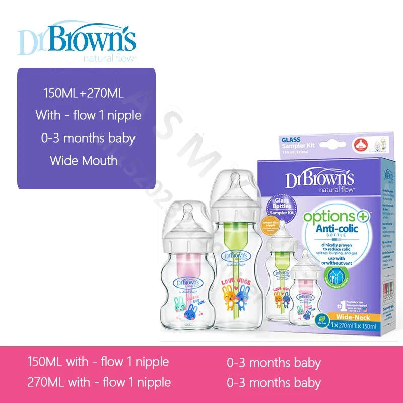Dr. Brown's newborn glass baby bottle, wide diameter, anti-colic, gas-liquid separation 150ML + 270ML combination set