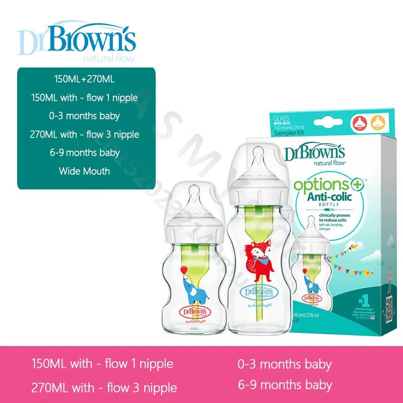 Dr. Brown's newborn glass baby bottle, wide diameter, anti-colic, gas-liquid separation 150ML + 270ML combination set