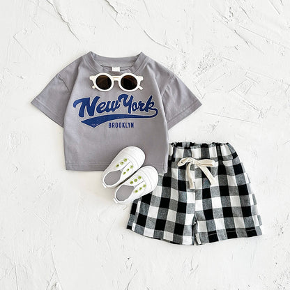 Newborn Boys Baby Clothing Set Girls Casual 2Pcs Letter Printed Short Sleeved T-shirt+Checkered Shorts Infant Outfit 0-3Y