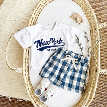 Newborn Boys Baby Clothing Set Girls Casual 2Pcs Letter Printed Short Sleeved T-shirt+Checkered Shorts Infant Outfit 0-3Y