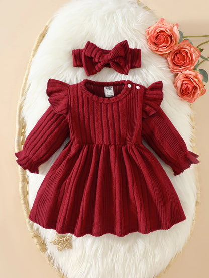 Newborn baby girl autumn new wine red long sleeved dress and headband 2-piece set with comfortable fabric, fashionable
