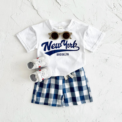 Newborn Boys Baby Clothing Set Girls Casual 2Pcs Letter Printed Short Sleeved T-shirt+Checkered Shorts Infant Outfit 0-3Y