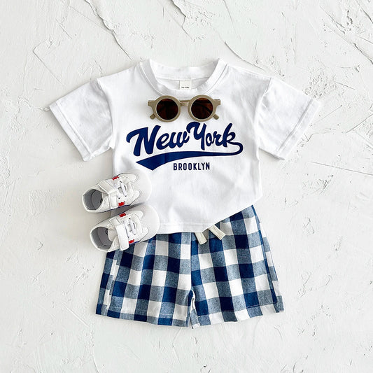 Newborn Boys Baby Clothing Set Girls Casual 2Pcs Letter Printed Short Sleeved T-shirt+Checkered Shorts Infant Outfit 0-3Y