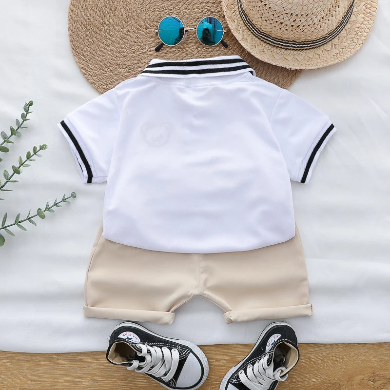 Summer cartoon bear embroidered POLO shirt and shorts set for infants and young children