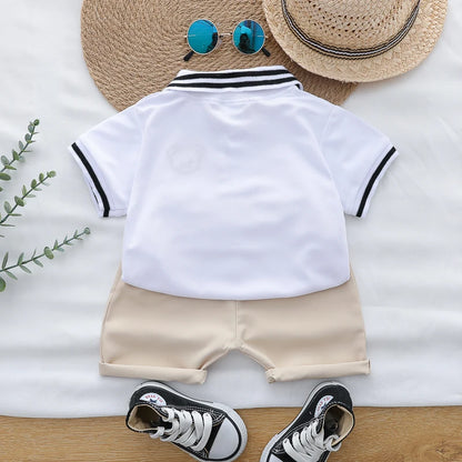 Summer cartoon bear embroidered POLO shirt and shorts set for infants and young children