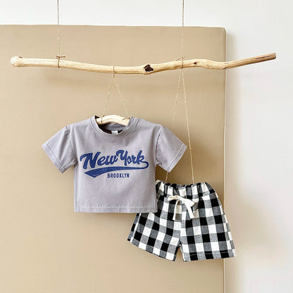 Newborn Boys Baby Clothing Set Girls Casual 2Pcs Letter Printed Short Sleeved T-shirt+Checkered Shorts Infant Outfit 0-3Y
