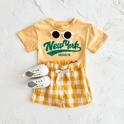 Newborn Boys Baby Clothing Set Girls Casual 2Pcs Letter Printed Short Sleeved T-shirt+Checkered Shorts Infant Outfit 0-3Y