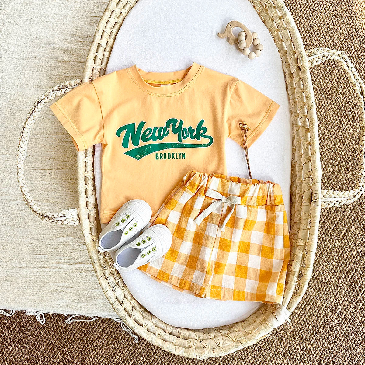 Newborn Boys Baby Clothing Set Girls Casual 2Pcs Letter Printed Short Sleeved T-shirt+Checkered Shorts Infant Outfit 0-3Y