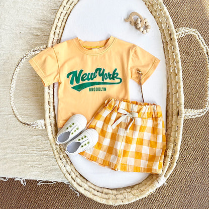 Newborn Boys Baby Clothing Set Girls Casual 2Pcs Letter Printed Short Sleeved T-shirt+Checkered Shorts Infant Outfit 0-3Y