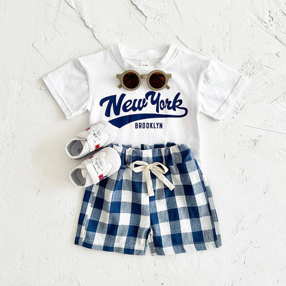 Newborn Boys Baby Clothing Set Girls Casual 2Pcs Letter Printed Short Sleeved T-shirt+Checkered Shorts Infant Outfit 0-3Y