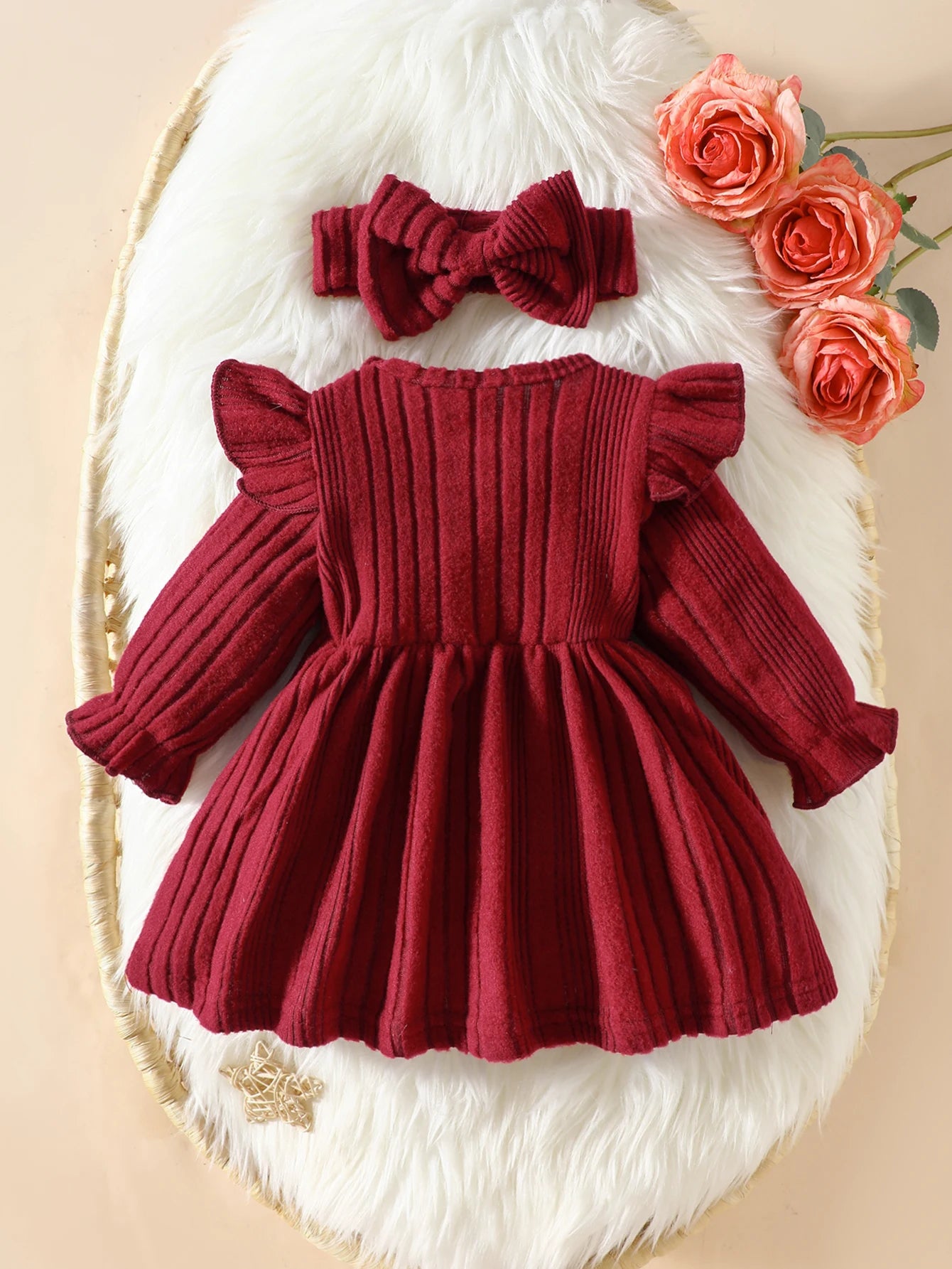 Newborn baby girl autumn new wine red long sleeved dress and headband 2-piece set with comfortable fabric, fashionable