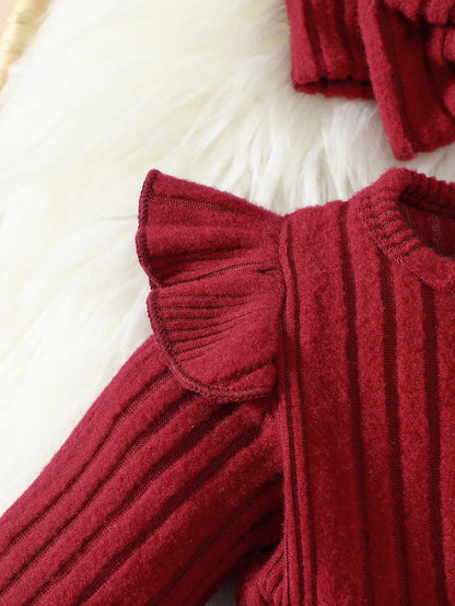 Newborn baby girl autumn new wine red long sleeved dress and headband 2-piece set with comfortable fabric, fashionable