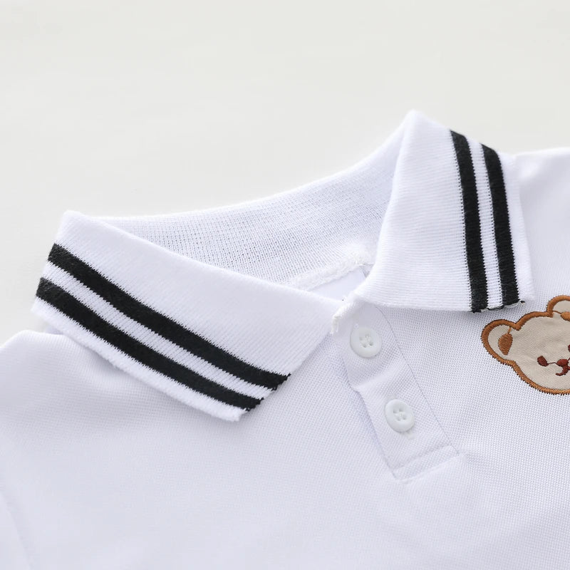 Summer cartoon bear embroidered POLO shirt and shorts set for infants and young children