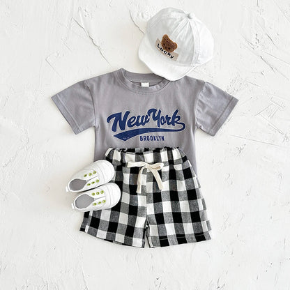 Newborn Boys Baby Clothing Set Girls Casual 2Pcs Letter Printed Short Sleeved T-shirt+Checkered Shorts Infant Outfit 0-3Y