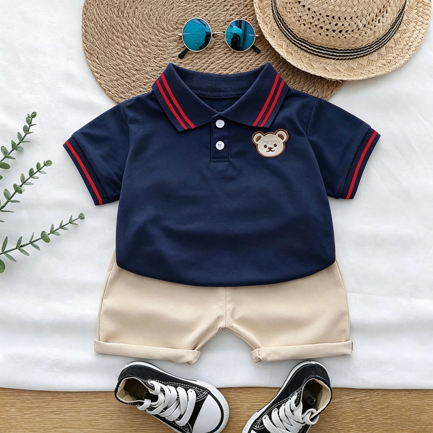 Summer cartoon bear embroidered POLO shirt and shorts set for infants and young children
