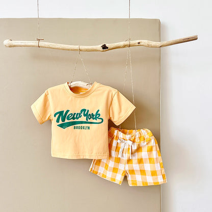 Newborn Boys Baby Clothing Set Girls Casual 2Pcs Letter Printed Short Sleeved T-shirt+Checkered Shorts Infant Outfit 0-3Y