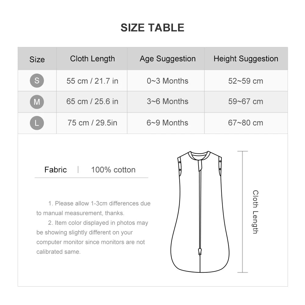Baby Sleeping Bag 0-12Months Cute Cartoon Baby Swaddle Wrap With Removable Button 2-Ways Zipper 100%Cotton Summer Thin Sleepsack