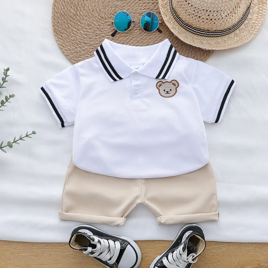 Summer cartoon bear embroidered POLO shirt and shorts set for infants and young children